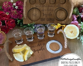 Tequila Shot Board – Digitale Laserschnittdatei – 2 gravierte Designs + leere Vorlage mit einfachen DIY-Seilgriffen auf dem Tablett