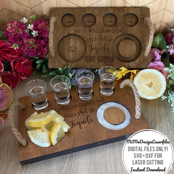 Rope handle Tequila drinks board tray engraved personalized cut files for wood * Digital files only SVG + DXF * Glowforge ready