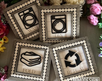Laundry room beaded square frame icons signs farmhouse style, blank frame + back incl digital SVG + DXF Laser and Glowforge ready cut files