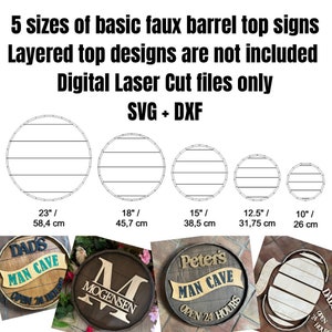 Basic Faux Barrel Tops 23&quot;, 18&quot;, 15&quot;, 12,5&quot; and 10&quot; size with full and split band rings DIGITAL SVG + DXF Laser and Glowforge ready cut file