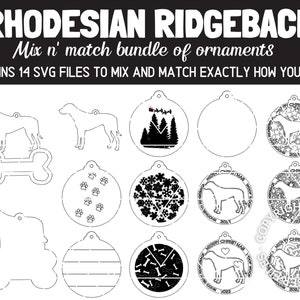 Könnte beinhalten: Ein Set mit 14 Schwarzweiß-SVG-Dateien zum Erstellen von Rhodesian Ridgeback-Hunde-Anhängern. Die Anhänger zeigen verschiedene Designs, darunter eine Hundesilhouette, Pfotenabdrücke, Knochen und Schneeflocken. Der Text "Mix n' match bundle of ornaments" und "CONTAINS 14 SVG FILES TO MIX AND MATCH EXACTLY HOW YOU WANT" ist im Bild enthalten.
