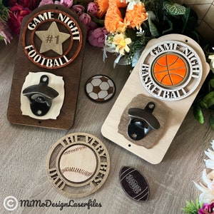 Dad Sports Themed Wall Mounted Beer Bottle Cap Openers for Father's Day with 5 designs laser cut files svg + dxf files only Glowforge ready