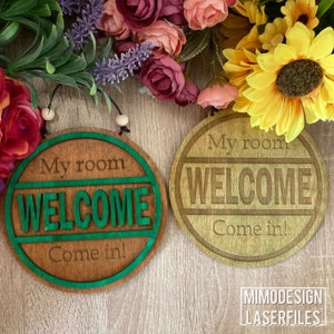 Kids Room double sided Welcome Stop Door hanger engraved, layered or DIY paint kit Digital laser files only svg dxf Glowforge ready image 3