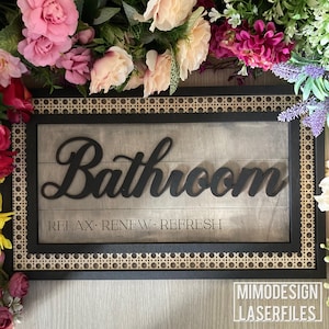 Baño Rattan marco letrero / puerta colgante estilo granja, marco en blanco + espalda incl. digital SVG + DXF Laser y Glowforge archivos listos para cortar
