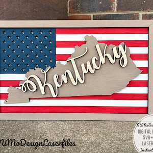 Placa da bandeira do estado de KENTUCKY com a bandeira americana e molduras, em camadas, fácil de fazer - apenas arquivos DIGITAIS a laser! Todos os lasers e Glowforge prontos