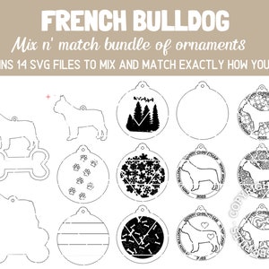 FRENCH BULLDOG Dog Breed Christmas Ornaments Bundle 2022 Digital svg + dxf Cut Files Laser and Glowforge ready