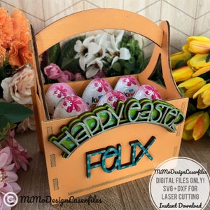 6 Stück Schokoladeneier-Kinderkorb, kann mit Kindernamen personalisiert werden – Frohe Ostern, digitale Schnittdateien SVG + DXF, Laser und Glowforge bereit