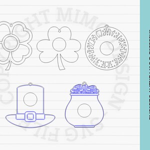 May include: Five different St. Patrick's Day ornament designs. The designs include a four-leaf clover, a shamrock, a pot of gold, a leprechaun hat, and a circle with the text "Happy St. Patrick's Day".