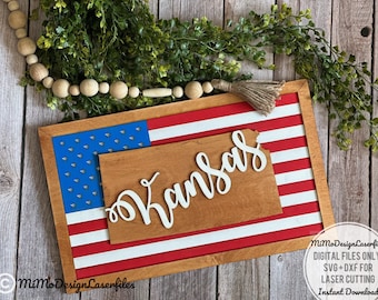 KANSAS State Flag Sign with the American flag & frames, layered and easy to make - DIGITAL laser files only! All Lasers and Glowforge ready