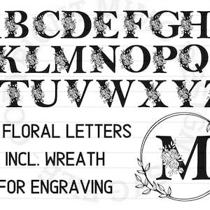 Floral Monogram Alphabet SVG & DXF – 26 Letters with Wreath Design for Laser Engraving