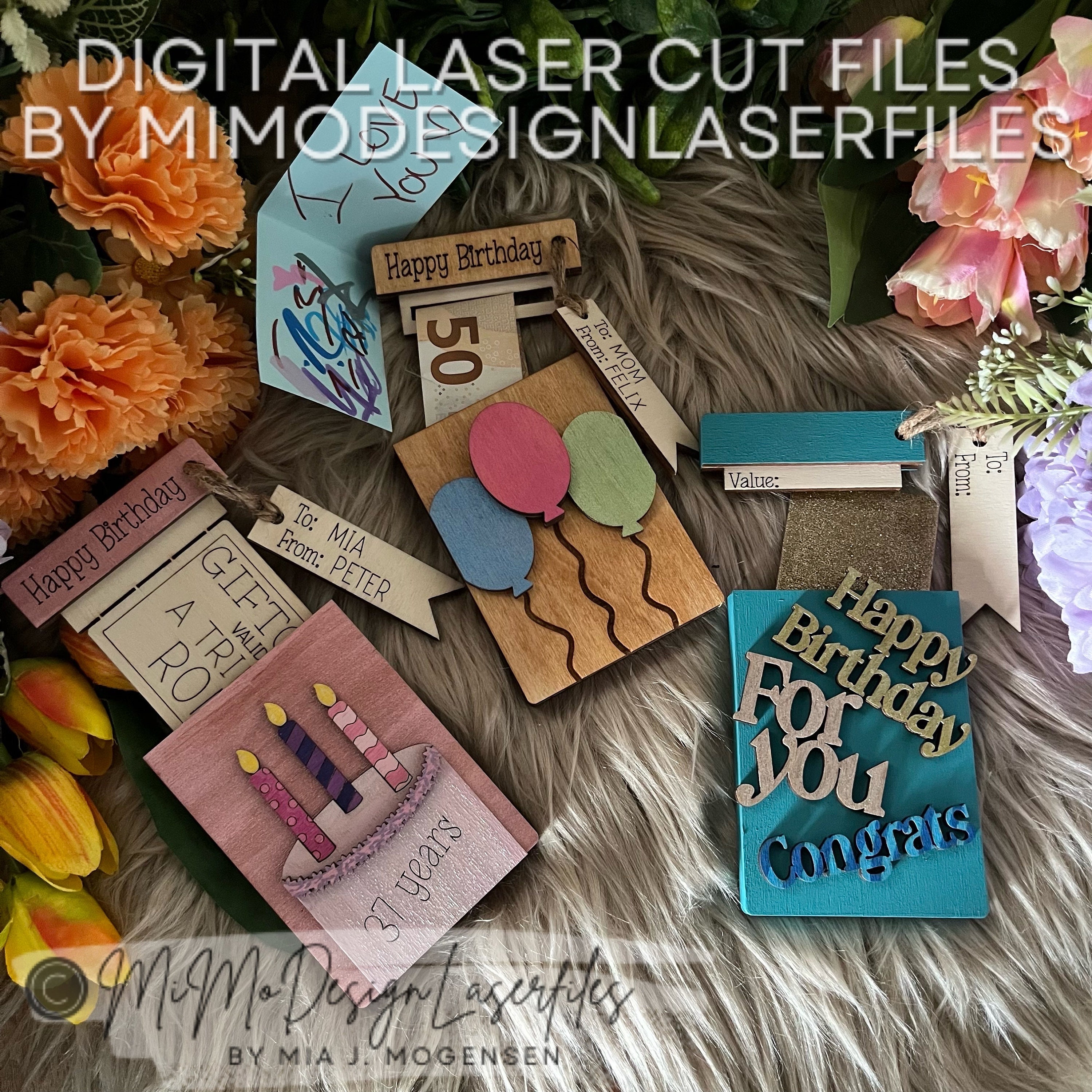 Birthday 3in1 Gift Card, Money, Love Note, Drawing Holder with and for giftcards bundle - DIGITAL VECTOR FILES for laser cutting only