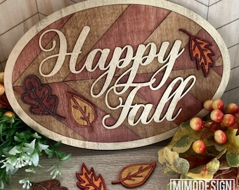 Happy Fall Boho wood quilted sign door hanger farmhouse style, 2 sizes blank signs incl. digital SVG + DXF Laser + Glowforge ready cut files