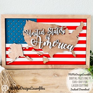 Sinal de mapa de todos os estados dos EUA com a bandeira americana e molduras, em camadas e fácil de fazer - apenas arquivos DIGITAIS! Todos os lasers e Glowforge prontos