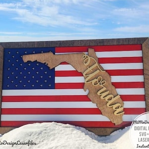Placa do estado da FLÓRIDA com a bandeira americana e molduras, em camadas e fácil de fazer - apenas ARQUIVOS DIGITAIS! Todos os lasers e Glowforge prontos