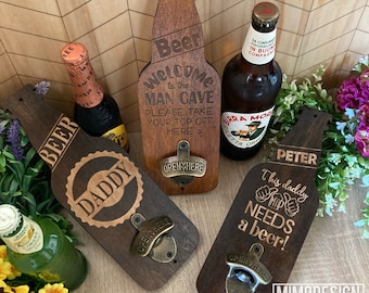 Dad Beer bottle shaped wall mounted cap openers for Father's Day with 3 engraved design laser cut files svg + dxf files only Glowforge ready