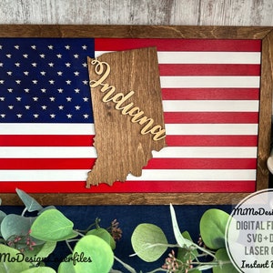 Placa da Bandeira do Estado de INDIANA com a bandeira americana e molduras, fácil de fazer - apenas arquivos DIGITAIS a laser! Todos os lasers e Glowforge prontos