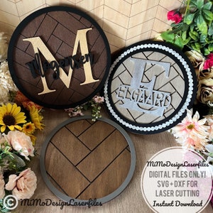 Herringbone Split Monogram Signs Bundle, 3 fronts and simple or beaded frame + Alphabet DIGITAL SVG + DXF Laser & Glowforge ready cut files