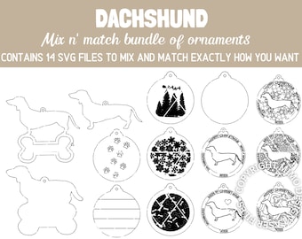 DACHSHUND Dog Breed Christmas Ornaments Bundle 2022 Digital svg + dxf Cut Files Laser and Glowforge ready