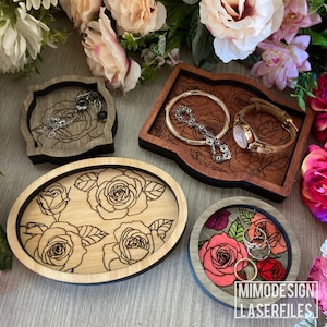 4 Trinket / Valet Trays dish incl tags with scored hand drawn floral / lined rose design SVG + DXF All laser cut files and Glowforge ready