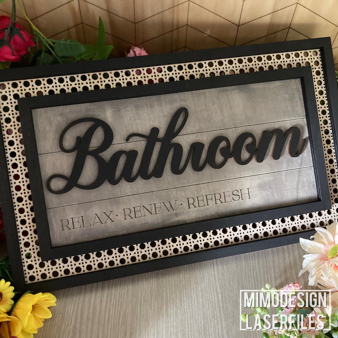 Bathroom Rattan Frame Sign / Door Hanger Farmhouse Style - Etsy