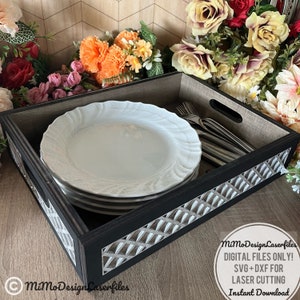 Large Serving Tray with Interchangeable Sides and Bottom Inlay. Farm house style. Digital files only SVG + DXF for ALL Lasers and Glowforge