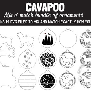 Può includere: Una collezione di design di ornamenti a tema Cavapoo in formato SVG. L'immagine include varie forme di ornamenti, come a forma di osso e rotondi, con sagome di Cavapoo, impronte di zampe ed elementi a tema festivo. Il testo include "CAVAPOO" e "Mix n' match bundle of ornaments".