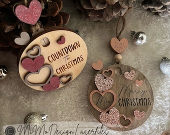 Hearts Countdown Ornament | Heart Lever Slider | Advent Calendar Ornament | Laser Cut SVG + DXF Digital Files