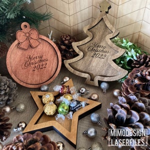 Set of 3 Christmas Trays, Christmas Tree, Star, Bauble Ornament, for candy, nuts, treats, decor, display lasercut SVG + DXF files Glowforge