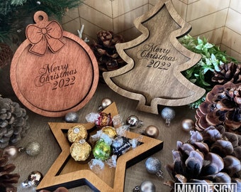 Set of 3 Christmas Trays, Christmas Tree, Star, Bauble Ornament, for candy, nuts, treats, decor, display lasercut SVG + DXF files Glowforge