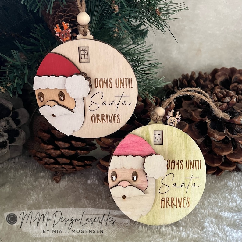 3D Santa Countdown to Christmas Sliding Ornament Reindeer lever to make it turn and count down. LASER CUT FILES dxf svg Glowforge ready image 2