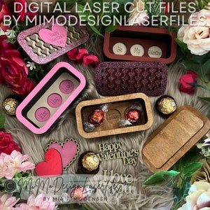 Cajas de chocolate de San Valentín con forma de corazón con declaraciones/afirmaciones en la parte inferior. 4 diseños - ARCHIVOS VECTORIALES DIGITALES solo para corte por láser