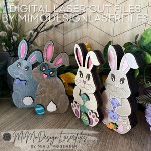 Gardiens d’étagères de lapin de Pâques autonomes, regardant avant et arrière avec superposition supplémentaire, œufs de Pâques, carottes, etc. Fichiers laser numériques SEULEMENT !