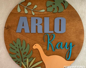 Customizable Dinosaur Name Nursery Sign, door hanger baby boy * Digital laser files only svg + dxf * Glowforge ready