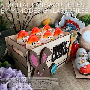 Caisse de boîte 3 en 1 lapin de Pâques 3D pour cadeaux, Kinder Joy / œufs en chocolat réguliers, conception polyvalente. FICHIERS VECTORIELS NUMÉRIQUES pour la découpe laser uniquement