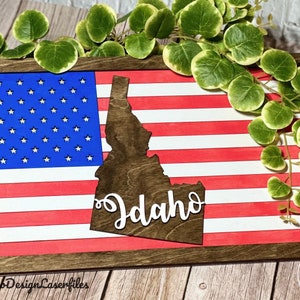 Placa do estado de IDAHO com a bandeira americana e molduras, em camadas e fácil de fazer - apenas arquivos DIGITAIS! Todos os lasers e Glowforge prontos