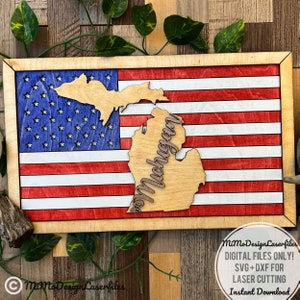 Sinal da bandeira do estado de MICHIGAN com a bandeira americana e molduras, fácil de fazer - apenas arquivos DIGITAIS a laser! Todos os lasers e Glowforge prontos