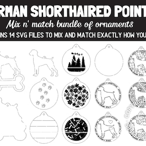 May include: A set of 14 black and white SVG files for creating German Shorthaired Pointer Christmas ornaments. The files include a dog silhouette, paw prints, snowflakes, trees, and a bone.