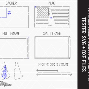May include: A digital design file for a New Hampshire flag sign. The design includes a full frame, split frame, nested split frame, and a backer. The design also includes a New Hampshire state outline.