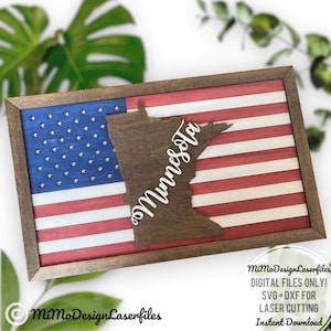 Placa da bandeira do estado de MINNESOTA com a bandeira americana e molduras, fácil de fazer - apenas arquivos DIGITAIS a laser! Todos os lasers e Glowforge prontos