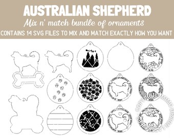 AUSTRALIAN SHEPHERD Dog Breed Christmas Ornaments Bundle 2022 Digital svg + dxf Cut Files Laser and Glowforge ready