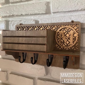 Wall Mounted Key Hanger with box, chainmail pattern & full monogram alphabet for layering Digital SVG DXF laser + Glowforge ready cut files