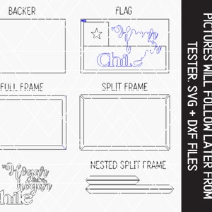 May include: A digital design file for a Chile flag sign. The design includes a full frame, split frame, and nested split frame options. The sign features the Chilean flag with a star and the word "Chile" in a stylized font.