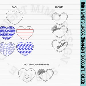 May include: Valentine's Day tags with various heart designs. The tags include front and back designs, with text that says "Happy Valentine's Day", "Love", and "I love you". The image also includes a Lindt Lindor ornament chocolate holder.