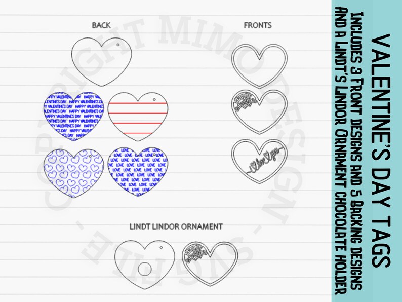 May include: Valentine's Day tags with various heart designs. The tags include front and back designs, with text that says "Happy Valentine's Day", "Love", and "I love you". The image also includes a Lindt Lindor ornament chocolate holder.