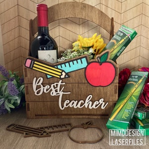 Big Best Teacher gift basket crate box for personalization and storage laser cut Glowforge ready files Digital SVG + DXF