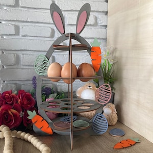 Bandeja de huevos en forma de conejito de Pascua, soporte, bandeja escalonada para 16 huevos de 1/8" - 3 mm (solo archivos digitales SVG + DXF) Glowforge + listo para láser