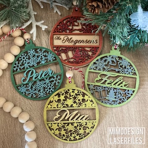 Personalized name family bauble Christmas Ornaments bundle, stars, snowflakes, reindeer one layer LASER CUT FILES dxf svg Glowforge ready