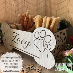 Caixa de guloseimas de osso de cachorro para lanches, brinquedos, shampoo, coleiras, acessórios, decoração, etc. e caixa de armazenamento, arquivo cortado a laser SVG + DXF pronto para Glowforge