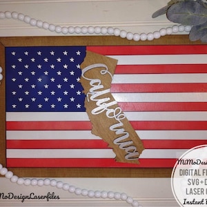 Sinal da bandeira do estado da CALIFÓRNIA com a bandeira americana + molduras, em camadas, fácil de fazer - apenas arquivos a laser DIGITAL! Todos os lasers e Glowforge prontos