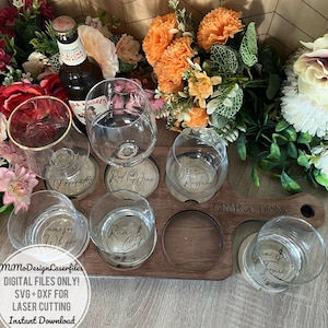 Tábua / voo para 6 bebidas com alça e bases para copos de madeira personalizadas opcionais * Somente arquivos digitais SVG + DXF * Pronto para Laser e Glowforge